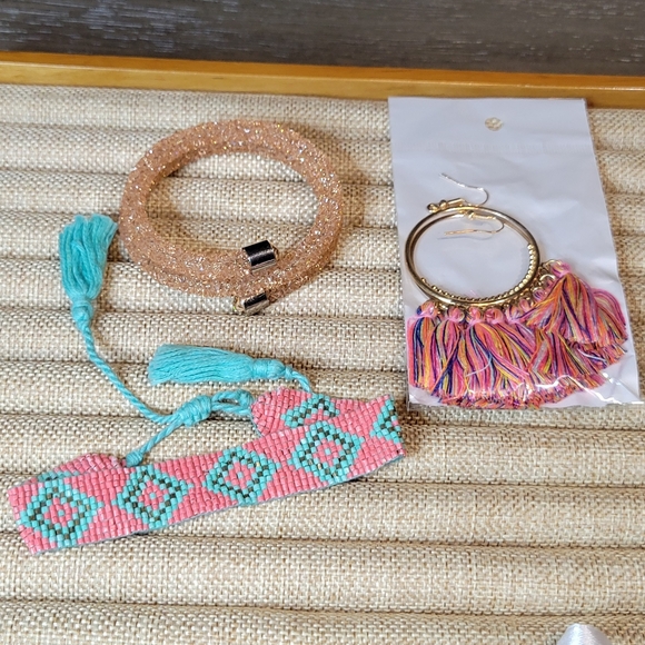 Pink & Turquoise Costume Jewelry Set Earrings, Beaded Bangle, Handmade Bracelet - Picture 1 of 9